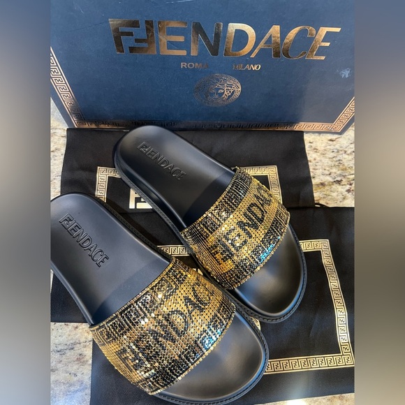FENDACE Fendi x Versace Collab Gold Metal Mesh Black Pool Slides Rubber EU 40 main image 14